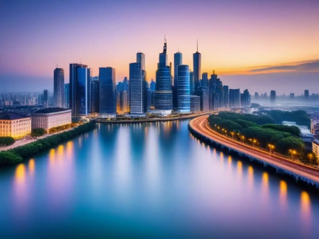 Horizonte urbano nocturno: luces vibrantes en río tranquilo Vibrante ciudad al anochecer, con rascacielos iluminados reflejados en un río