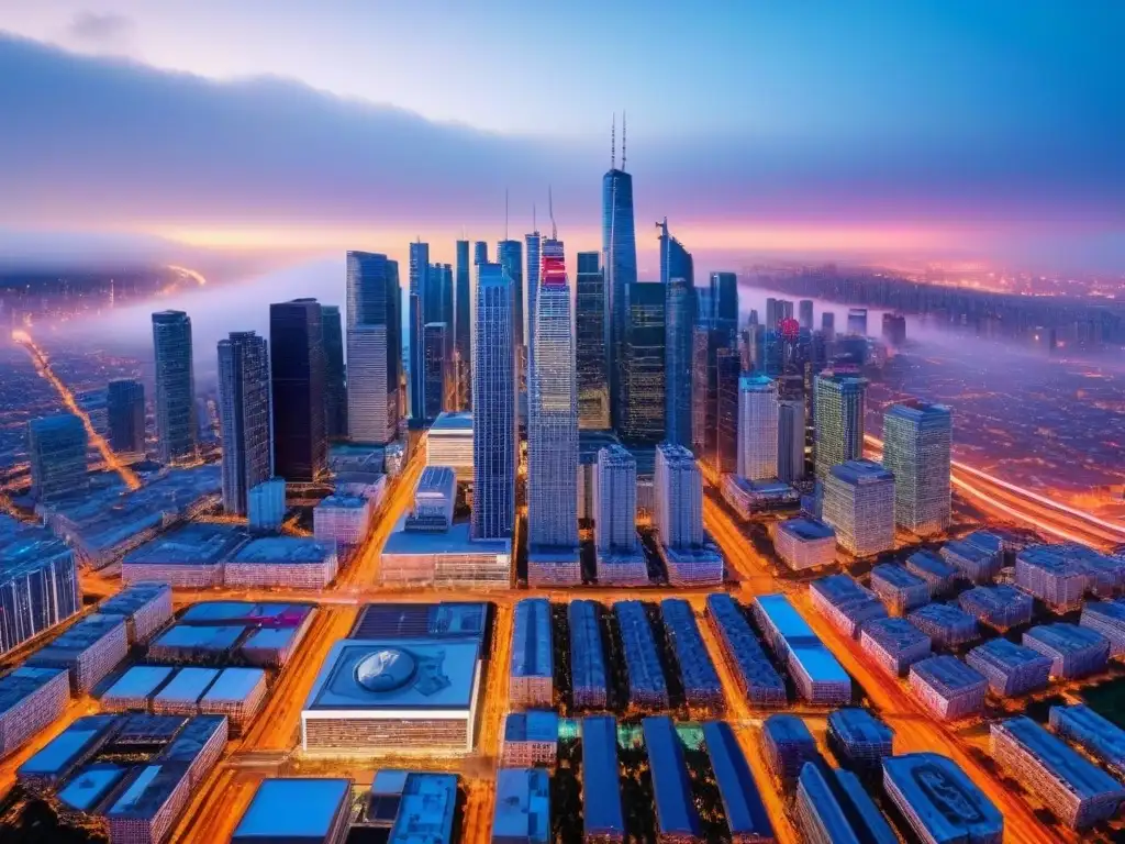 Inversiones inmobiliarias en auge: ciudad vibrante al anochecer Vibrante ciudad al anochecer, con rascacielos iluminados y calles llenas de gente