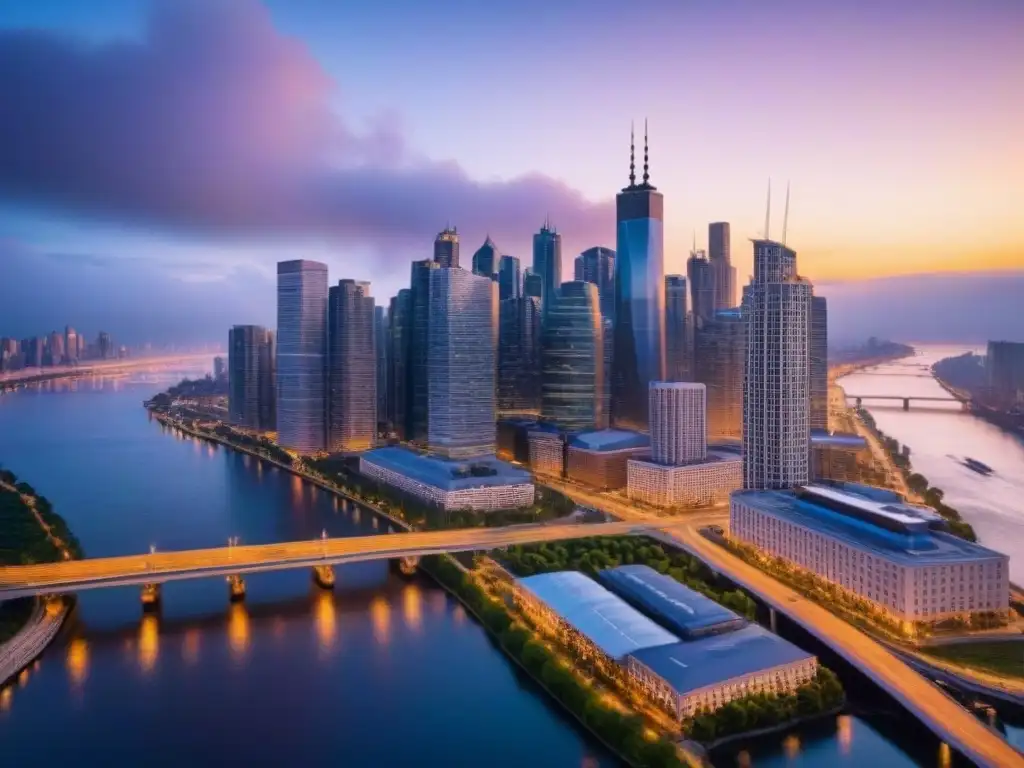 Horizonte urbano al anochecer: inversión inmobiliaria en Norteamérica Vibrante ciudad al anochecer con rascacielos iluminados y un río sereno, ideal para inversores internacionales