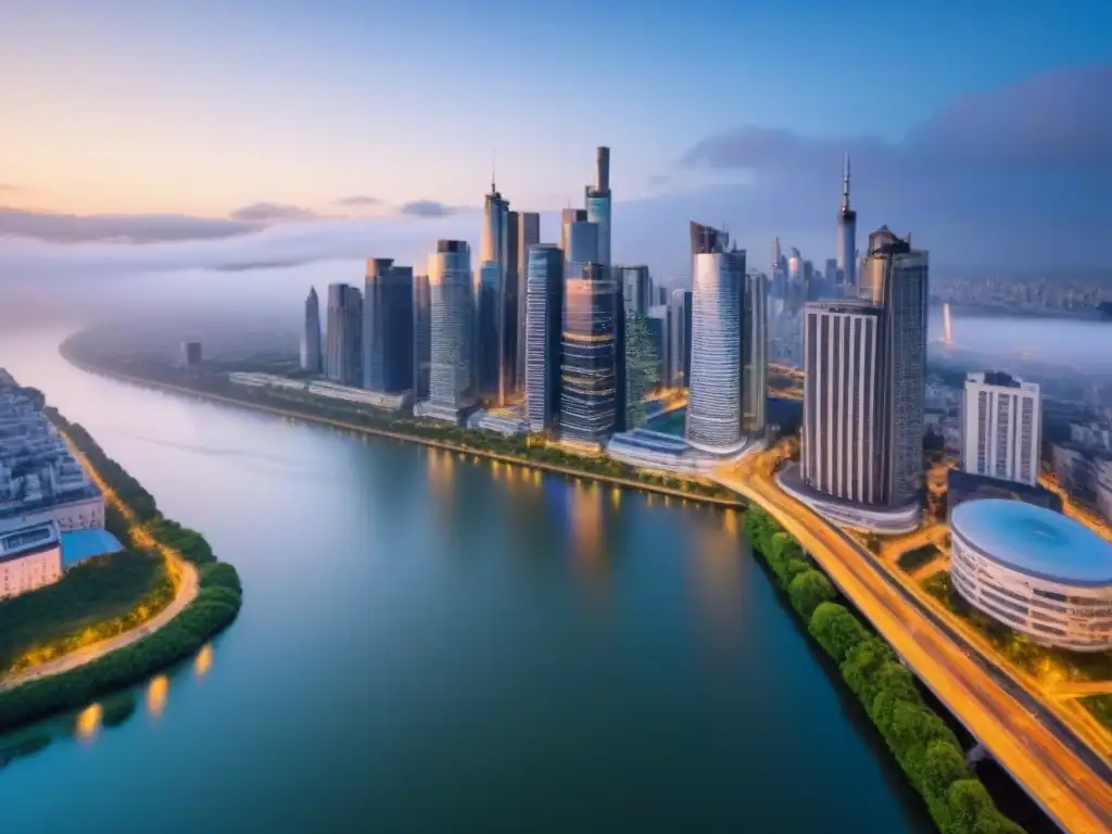 Cityscape urbano: inversión inmobiliaria global Vibrante ciudad al anochecer con rascacielos iluminados y reflejados en un río, mostrando oportunidades de inversión en el mercado inmobiliario