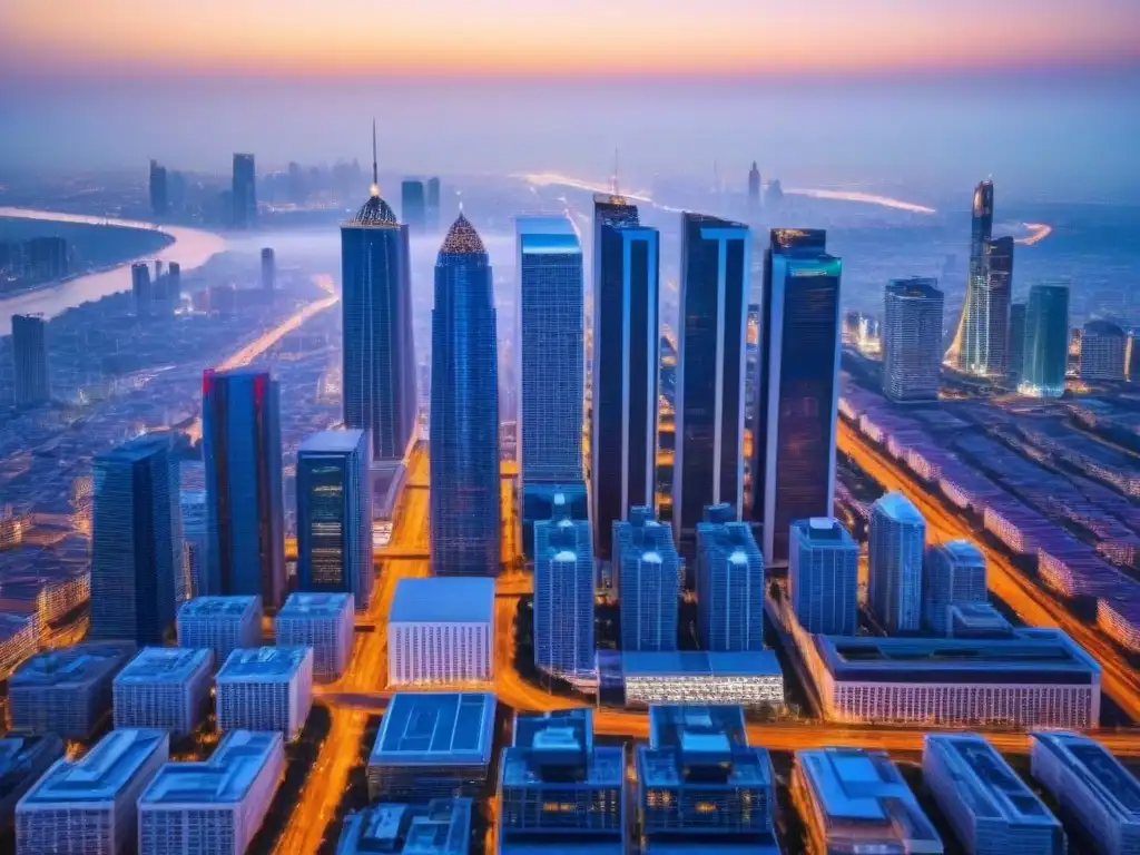 Espectacular vista aérea de una ciudad moderna al anochecer Vibrante ciudad al anochecer, con rascacielos iluminados y calles llenas de autos
