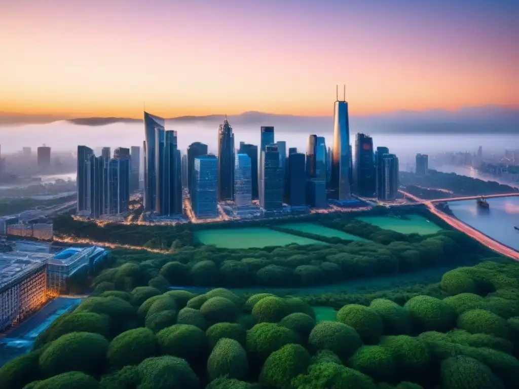 Horizonte urbano al atardecer: innovación y colaboración sostenible Vibrante ciudad al anochecer, rascacielos iluminados con luces LED, profesionales colaborando