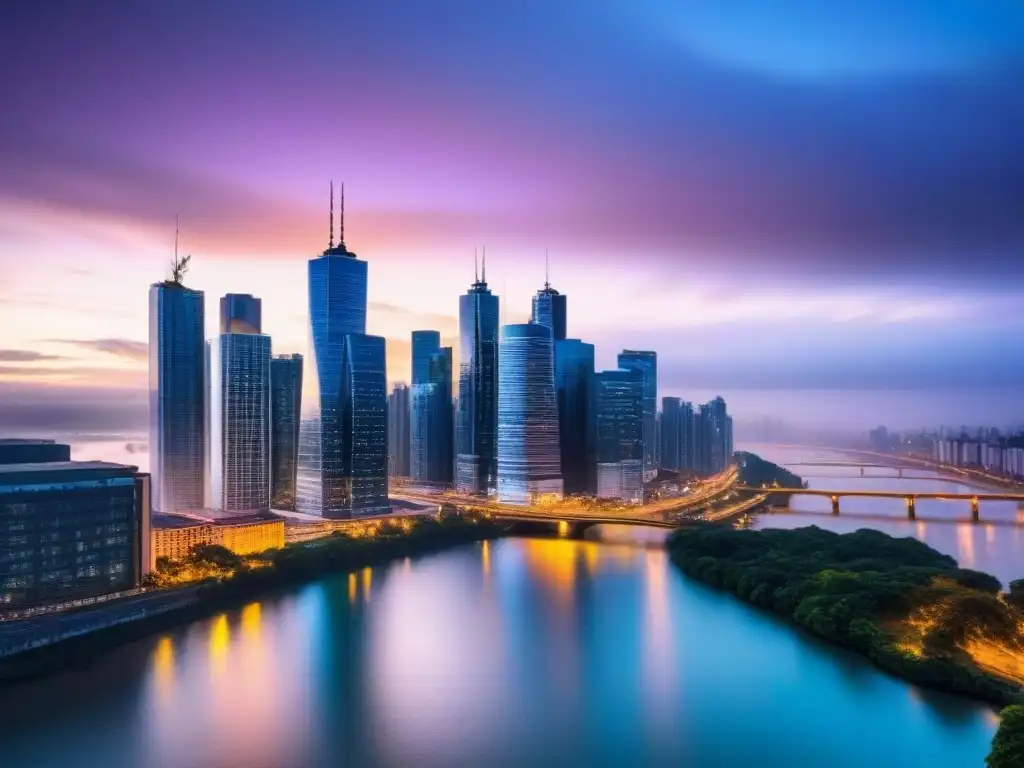 Horizonte urbano nocturno: luces y progreso en economías emergentes Vibrante ciudad al anochecer, reflejando rascacielos iluminados en un río tranquilo