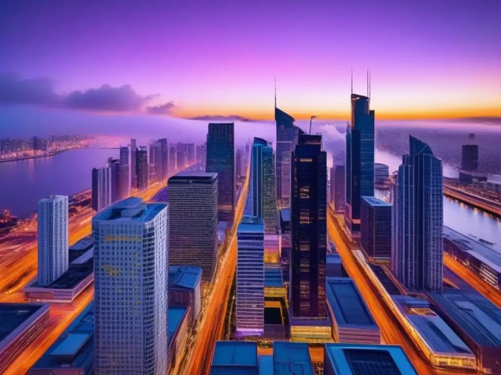 Metrópolis vibrante al atardecer: crecimiento urbano y prosperidad Vibrante ciudad al anochecer, con rascacielos iluminados, calles llenas de autos y peatones bajo un cielo crepuscular