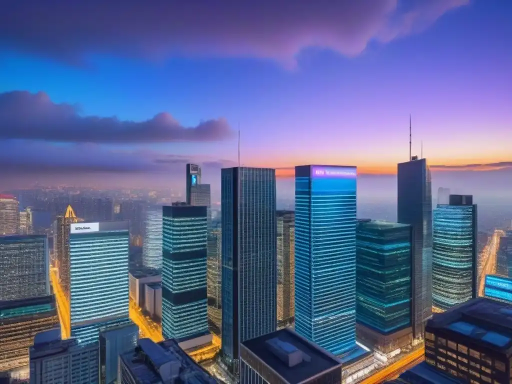 Metrópolis nocturna: luces neón y datos financieros en un skyline moderno Vibrante ciudad al anochecer con rascacielos iluminados y un edificio moderno con datos de mercado