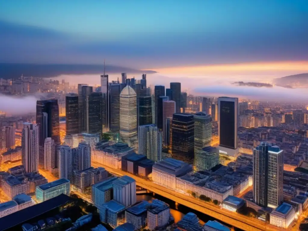 Horizonte urbano moderno iluminado al anochecer Vibrante ciudad al anochecer con rascacielos iluminados, ideal para guía inversor inmobiliario internacional emergentes