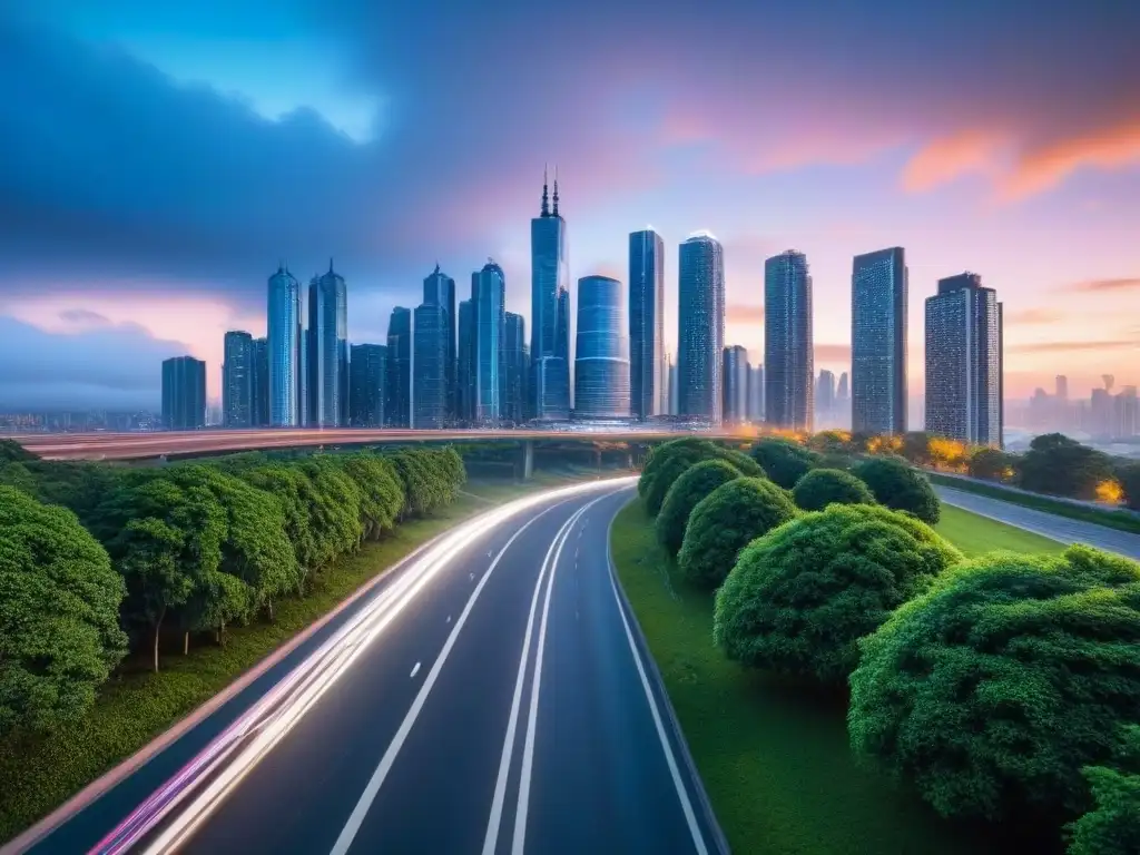 Metrópolis sostenible: luces y naturaleza en armonía Vibrante ciudad al anochecer con rascacielos iluminados y espacios verdes, ejemplificando la planificación urbana sostenible ciudades
