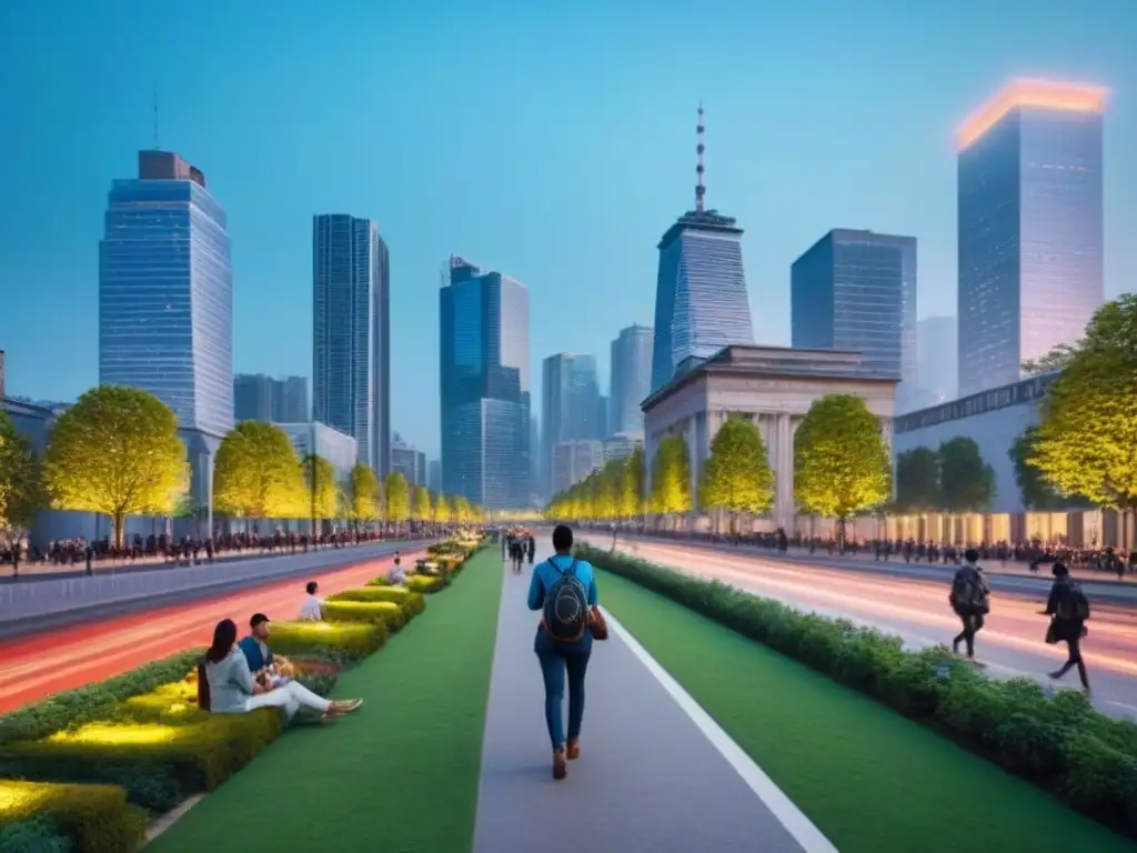 Vida urbana sostenible: ciudad moderna en armonía con la naturaleza Vibrante ciudad al anochecer, con rascacielos iluminados y naturaleza exuberante
