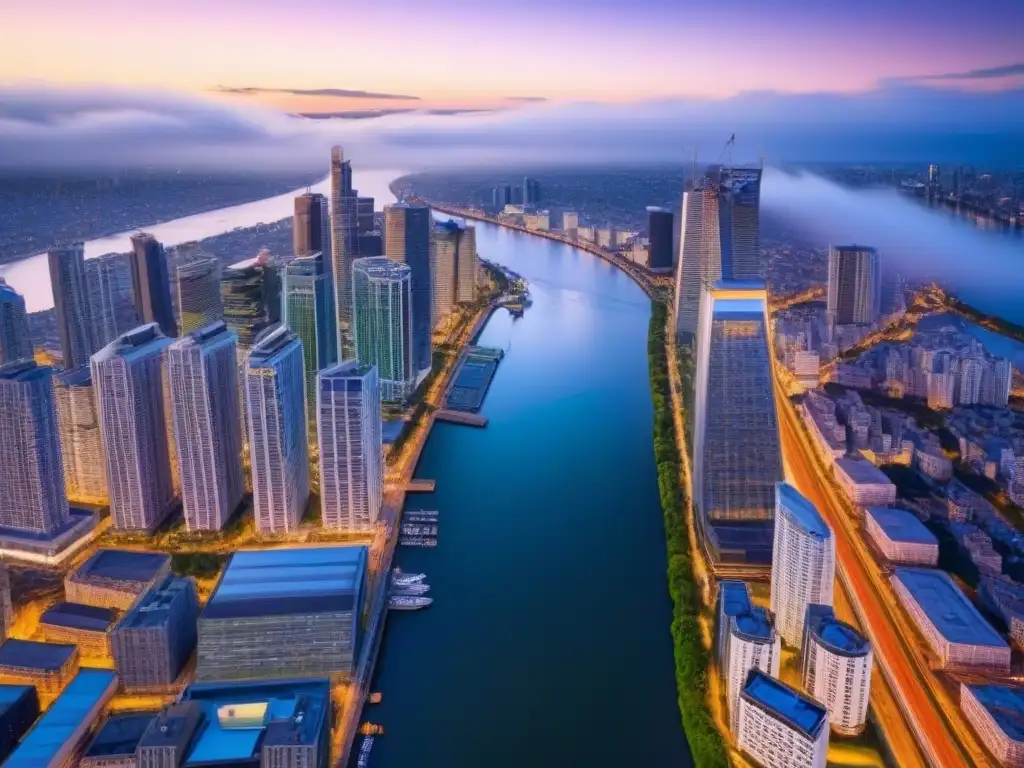 Metrópolis vibrante: oportunidades inmobiliarias para Millennials Vibrante ciudad al anochecer con rascacielos iluminados, arquitectura moderna y río, ideal para inversión inmobiliaria internacional para Millennials