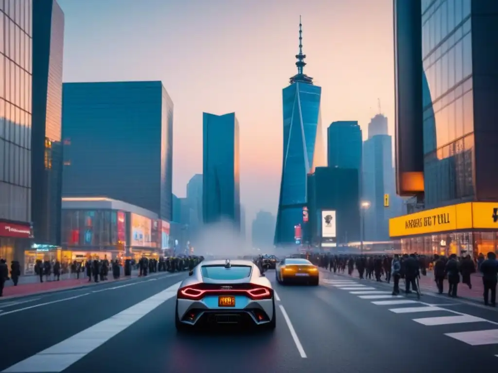 Horizonte urbano moderno al atardecer: ciudad vibrante en transformación Vibrante ciudad al anochecer con rascacielos iluminados reflejando los últimos rayos del sol, mostrando un paisaje urbano dinámico y moderno