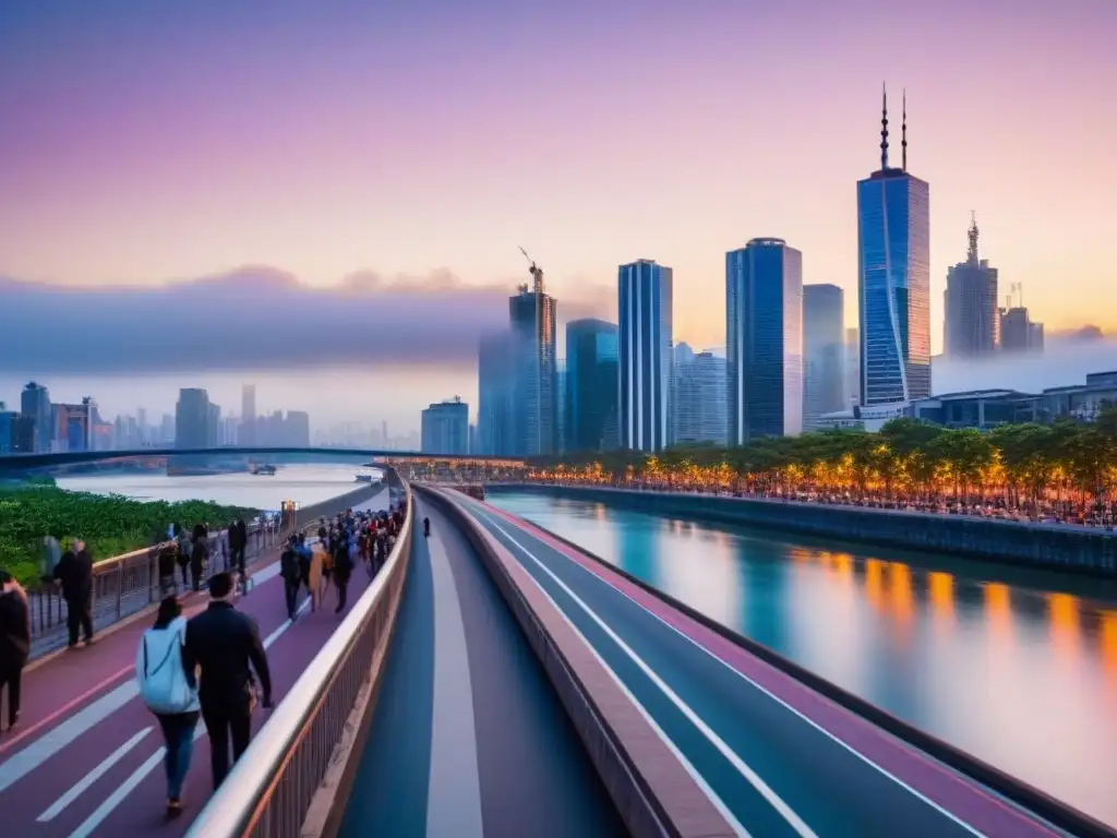Vibrante ciudad al anochecer: luces, río y bullicio urbano Vibrante ciudad al anochecer, con rascacielos iluminados y tráfico, reflejados en un río tranquilo