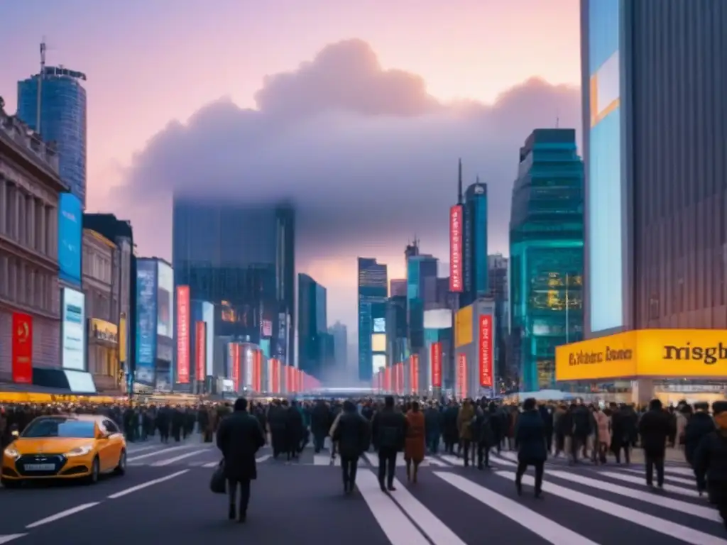 Horizonte urbano vibrante al atardecer Vibrante ciudad al anochecer, con rascacielos iluminados y gente diversa en la calle