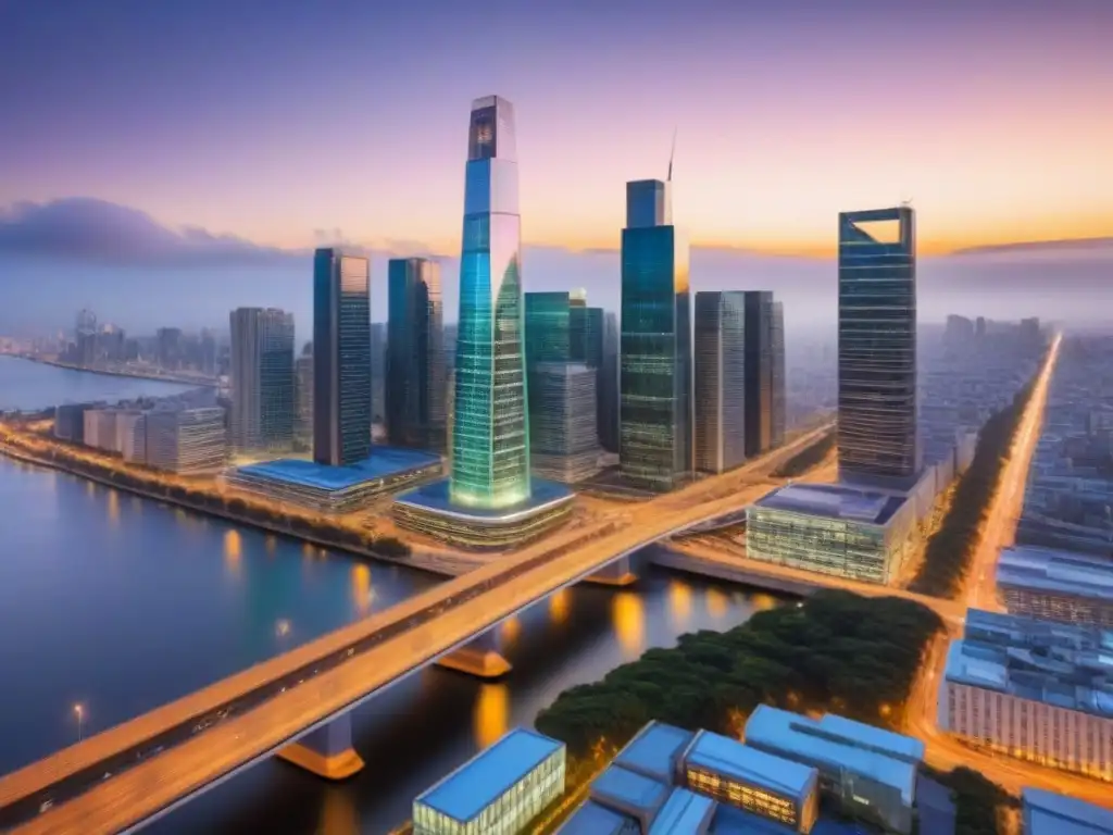 Transformación urbana: inversión y crecimiento en Latinoamérica Vibrante ciudad al anochecer con rascacielos iluminados y profesionales debatiendo sobre las Mejores inversiones inmobiliarias América Latina