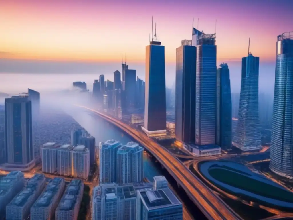 Horizonte urbano: crecimiento y actividad económica al anochecer Vibrante ciudad al anochecer, con rascacielos iluminados, calles llenas de vida y un cálido atardecer