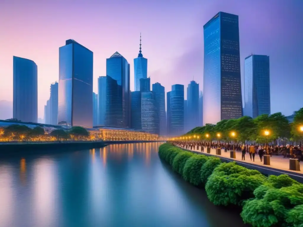 Horizonte urbano al atardecer: armonía entre modernidad y naturaleza Vibrante ciudad al anochecer con rascacielos iluminados y un río tranquilo, reflejando armonía entre lo urbano y la naturaleza