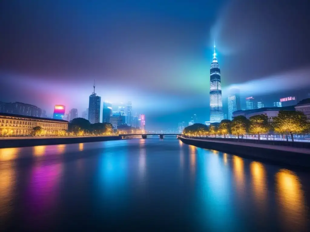 Horizonte urbano vibrante al atardecer: luces y arquitectura Vibrante ciudad al anochecer con rascacielos iluminados y reflejados en un río, ideal para Marketing para atraer compradores internacionales