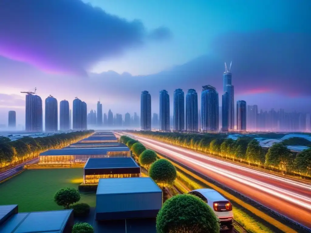 Metrópolis sostenible: futuro urbano lleno de luz y vida Vibrante ciudad al anochecer, con rascacielos iluminados y vehículos eléctricos futuristas