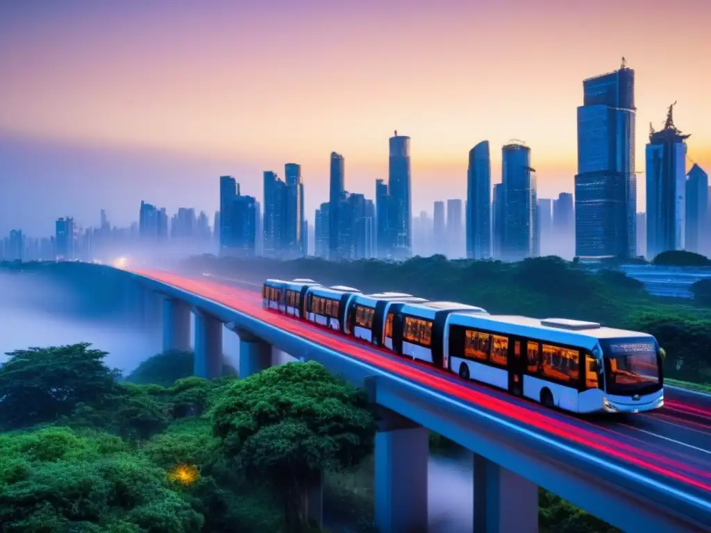 Metrópolis sostenible: luces LED, buses eléctricos y diseño urbano verde Vibrante ciudad al anochecer, con rascacielos iluminados por luces LED, buses eléctricos y vegetación urbana