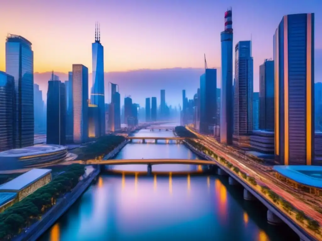 Escena urbana futurista: luces neón en la ciudad al atardecer Vibrante ciudad al anochecer, con rascacielos iluminados y un río reluciente