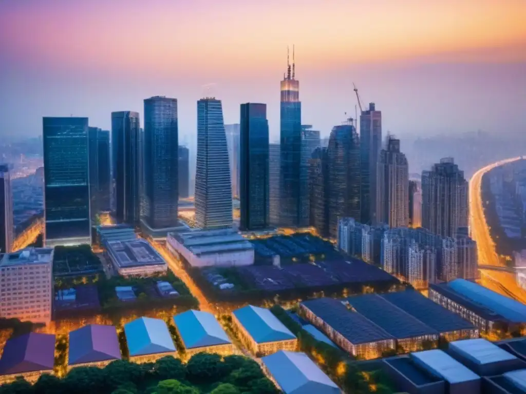 Inversión inmobiliaria en la ciudad al atardecer: impacto de la inflación Vibrante ciudad al anochecer con rascacielos iluminados y personas debatiendo sobre las mejores inversiones inmobiliarias inflación