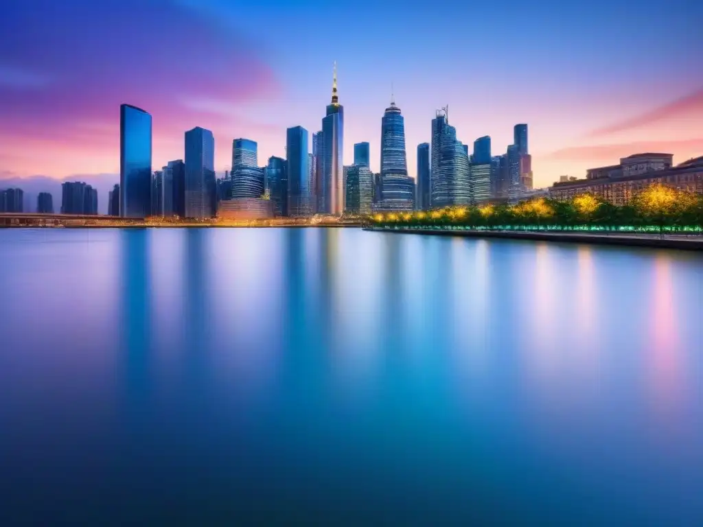 Horizonte urbano iluminado: mercado inmobiliario global en auge Vibrante ciudad al anochecer, rascacielos iluminados y río sereno