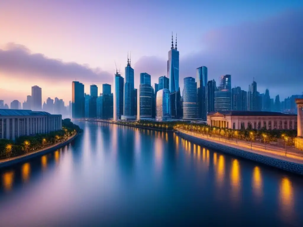 Metrópolis nocturna: luces vibrantes en la ciudad moderna Vibrante ciudad al anochecer con rascacielos iluminados y río sereno, reflejando la inversión inmobiliaria en alta inflación
