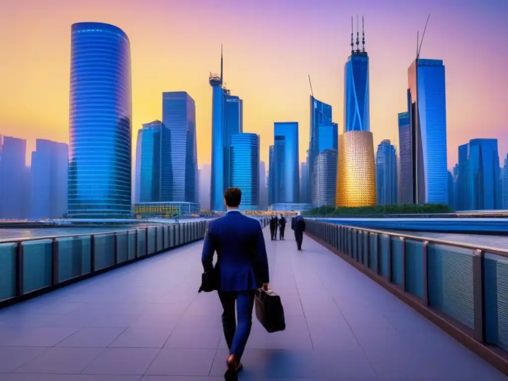Skyline moderno iluminado: inversión inmobiliaria internacional próspera Vibrante ciudad al anochecer con rascacielos iluminados, personas de negocios y datos de mercado inmobiliario