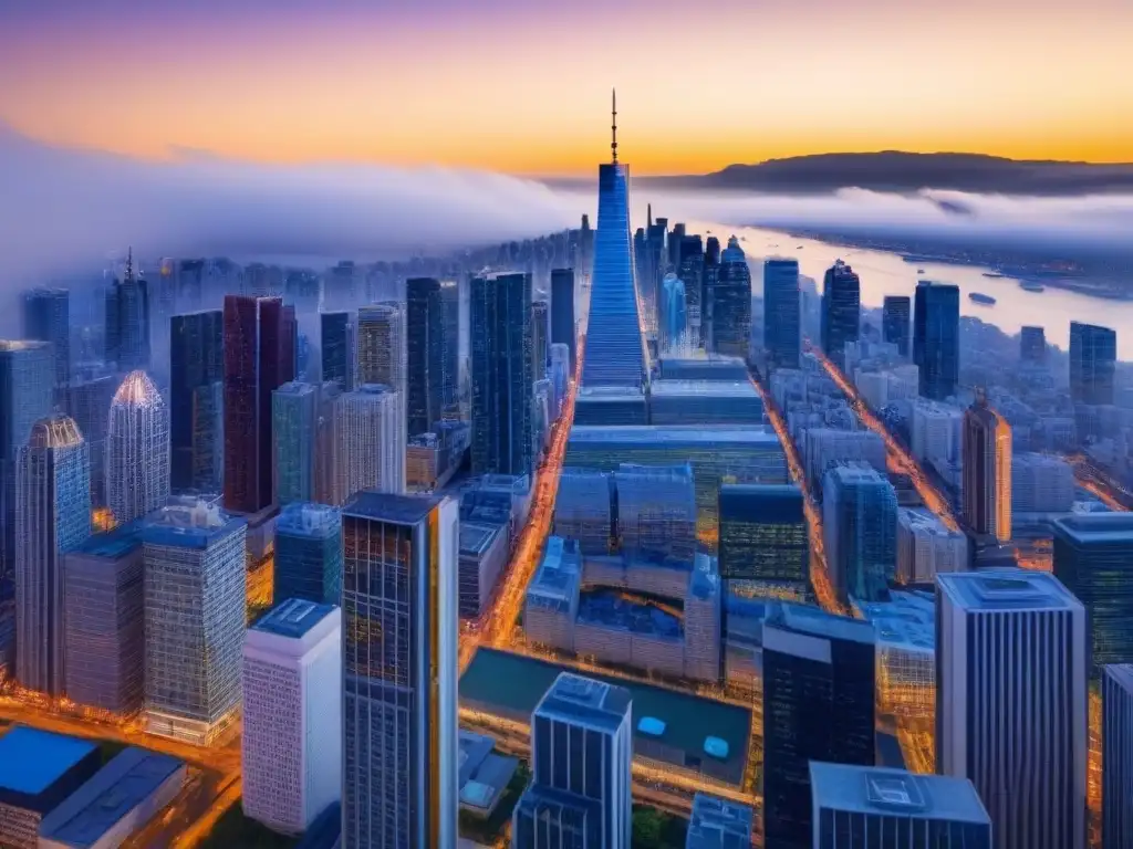 Horizonte urbano moderno y vibrante al atardecer Vibrante ciudad al anochecer con rascacielos iluminados, arquitectura futurista y calles llenas de vida