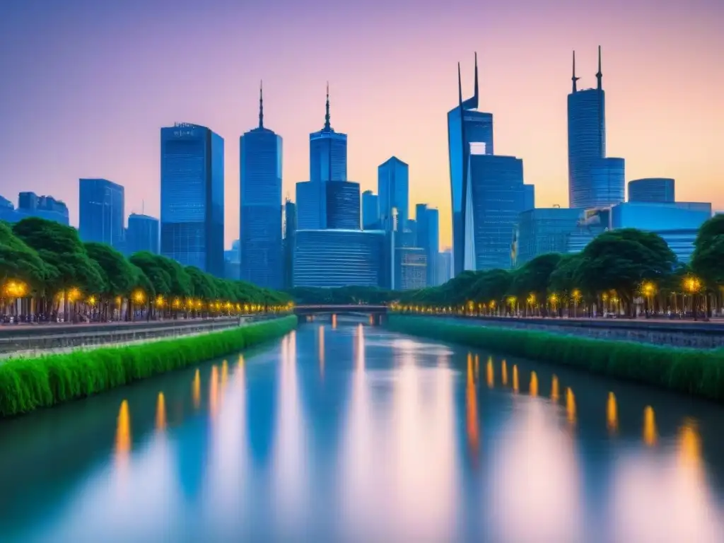 Horizonte urbano: luces vibrantes y armonía natural en la ciudad Vibrante ciudad al anochecer con rascacielos iluminados y un río sereno, fusionando arquitectura moderna y espacios verdes