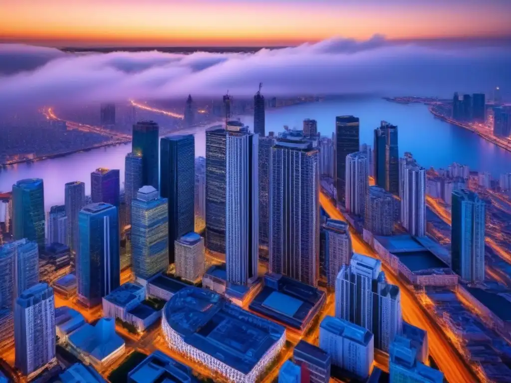 Metrópolis vibrante: rascacielos al atardecer Vibrante ciudad al anochecer, con rascacielos iluminados en un paisaje urbano moderno