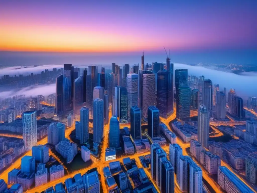 Metrópolis nocturna: luces y oportunidades inmobiliarias globales Vibrante ciudad al anochecer con rascacielos iluminados, atractiva para inversionistas globales en mercado inmobiliario