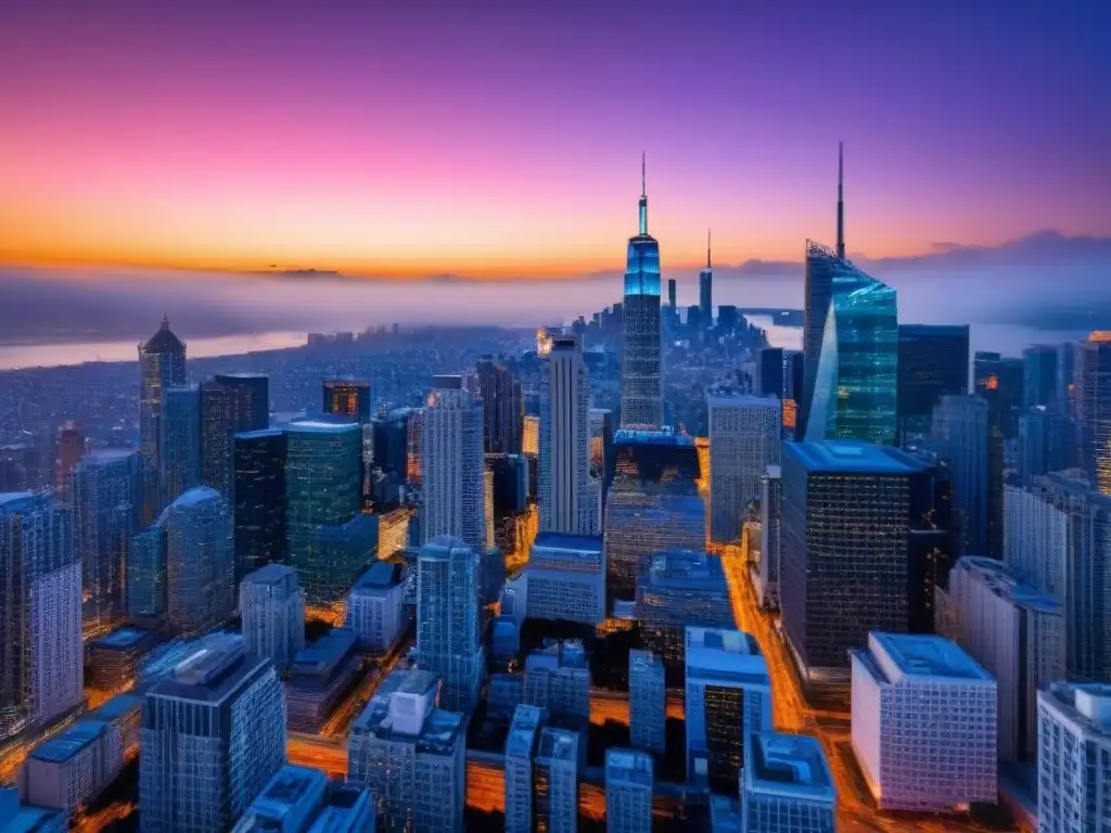 Horizonte urbano vibrante: crecimiento y luces al atardecer Vibrante ciudad al anochecer con rascacielos iluminados, simbolizando el análisis tasas interés mercado inmobiliario