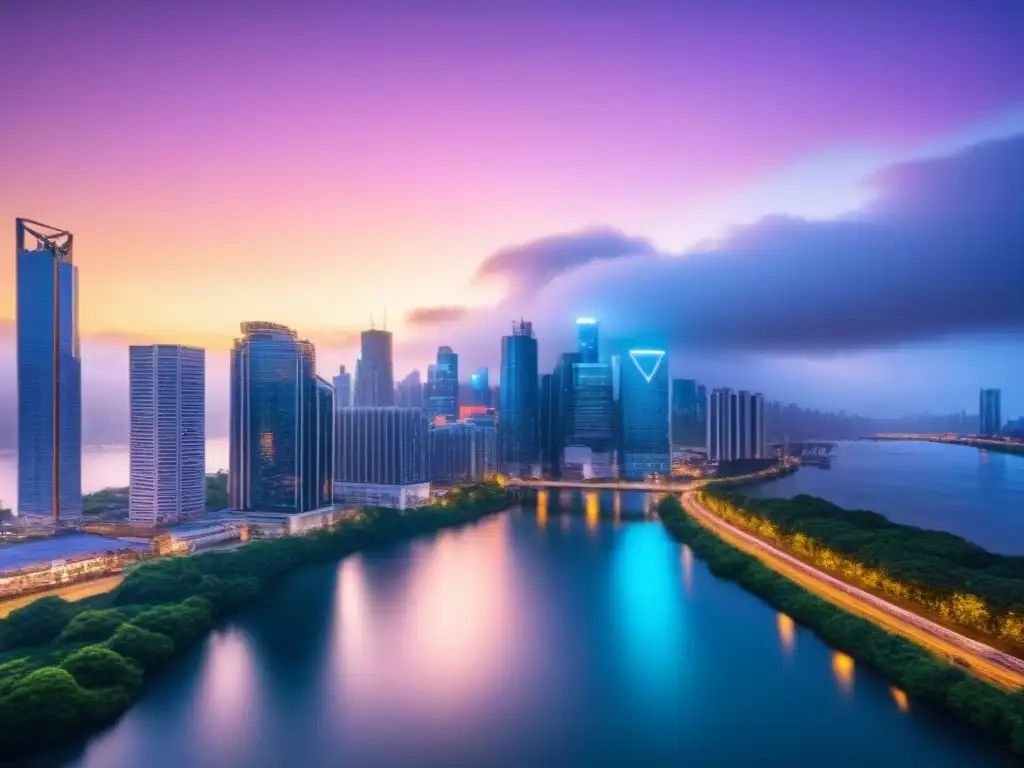 Horizonte urbano al atardecer: luces neón reflejadas en el río Vibrante ciudad al anochecer con rascacielos iluminados y reflejos en el río