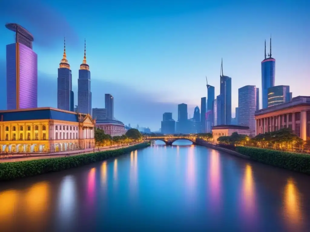 Horizonte urbano: luces neón en río al atardecer Vibrante ciudad al anochecer con rascacielos iluminados y río sereno, reflejando el impacto de fusiones en el mercado inmobiliario