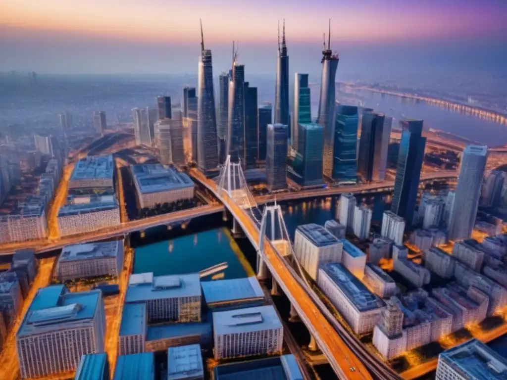 Horizonte urbano: ciudad moderna y dinámica al atardecer Vibrante ciudad con rascacielos iluminados, reflejando el dinamismo de M&A inmobiliarias estrategias éxito