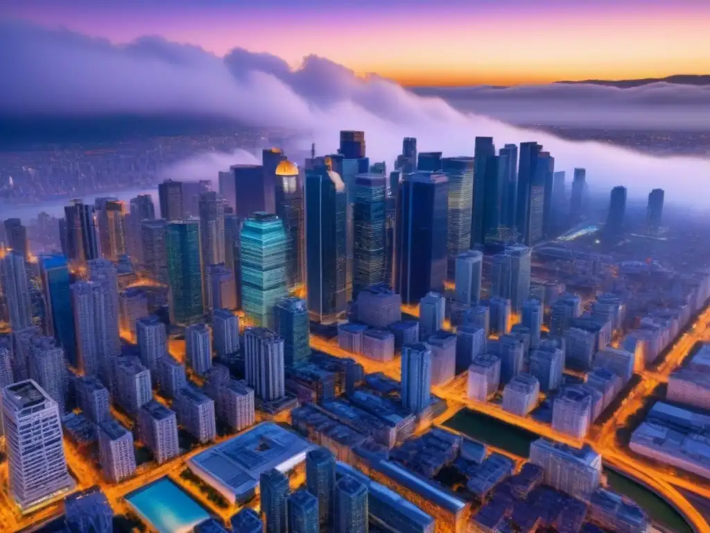 Cityscape al atardecer: luces vibrantes en rascacielos Vibrante ciudad al anochecer con rascacielos iluminados, simbolizando éxito en Fusión Keller Williams Allen Tate