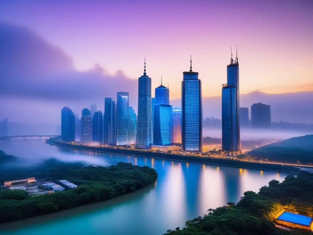 Horizonte urbano iluminado: impacto de fusiones inmobiliarias en mercados emergentes Vibrante ciudad al anochecer con rascacielos iluminados y reflejos en el río