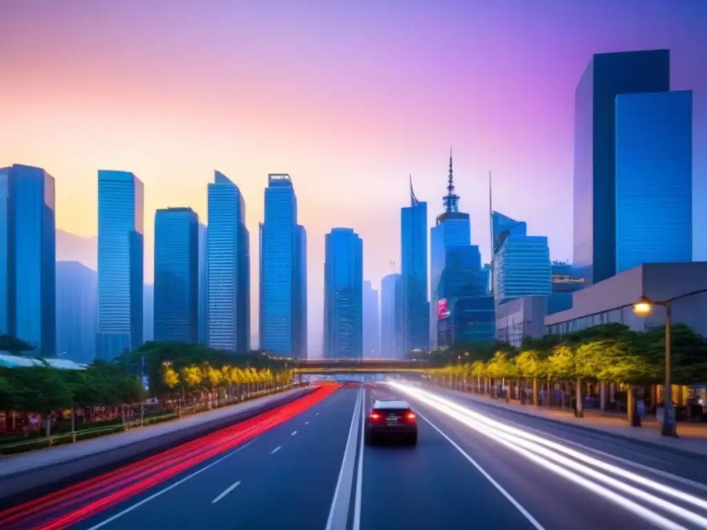 Horizonte urbano moderno al atardecer: luces y movimiento Vibrante ciudad al anochecer con rascacielos iluminados y una escena urbana dinámica