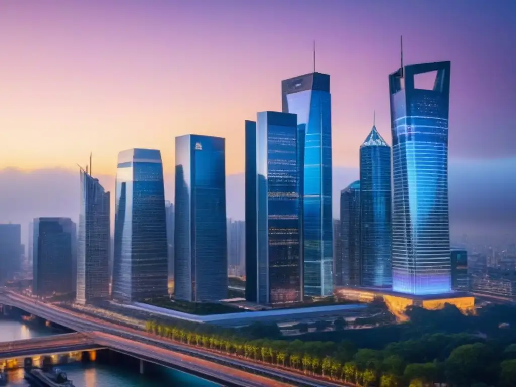 Horizonte urbano iluminado al anochecer con gráficos financieros Vibrante ciudad al anochecer con rascacielos iluminados, reflejando oportunidades inversionistas mercado inmobiliario internaciona