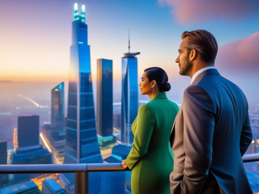 Profesionales en discusión: escenario urbano vibrante al atardecer Vibrante ciudad al anochecer, con rascacielos iluminados y profesionales en discusión