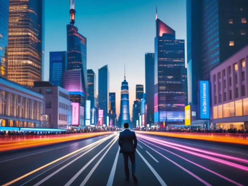 Horizonte urbano al anochecer: modernidad y diversidad en movimiento Vibrante ciudad al anochecer, con rascacielos iluminados y gente de negocios