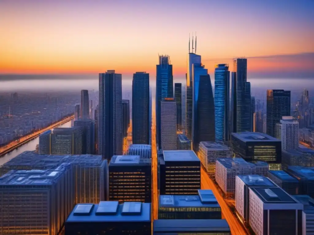 Horizonte urbano futurista al anochecer Vibrante ciudad al anochecer, con rascacielos iluminados y un paisaje que simboliza el análisis mercado inmobiliario postfusión