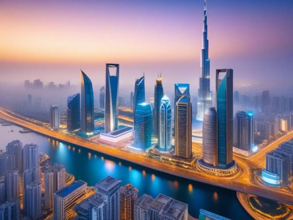 Oportunidades de inversión en Oriente Medio y África: luces vibrantes en la ciudad Vibrante ciudad al anochecer con rascacielos iluminados, reflejo de oportunidades de inversión global