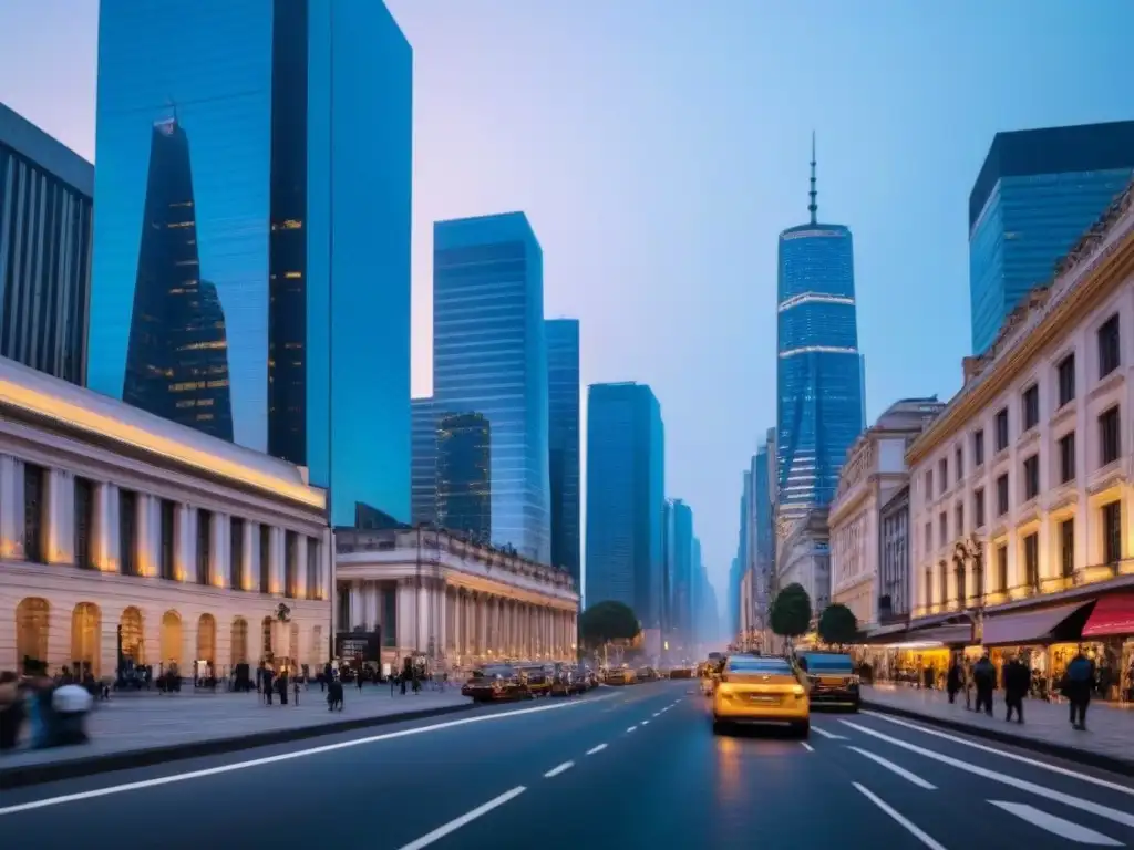 Horizonte urbano al atardecer: vibrante vida en la ciudad Vibrante ciudad al anochecer, rascacielos iluminados reflejan la última luz