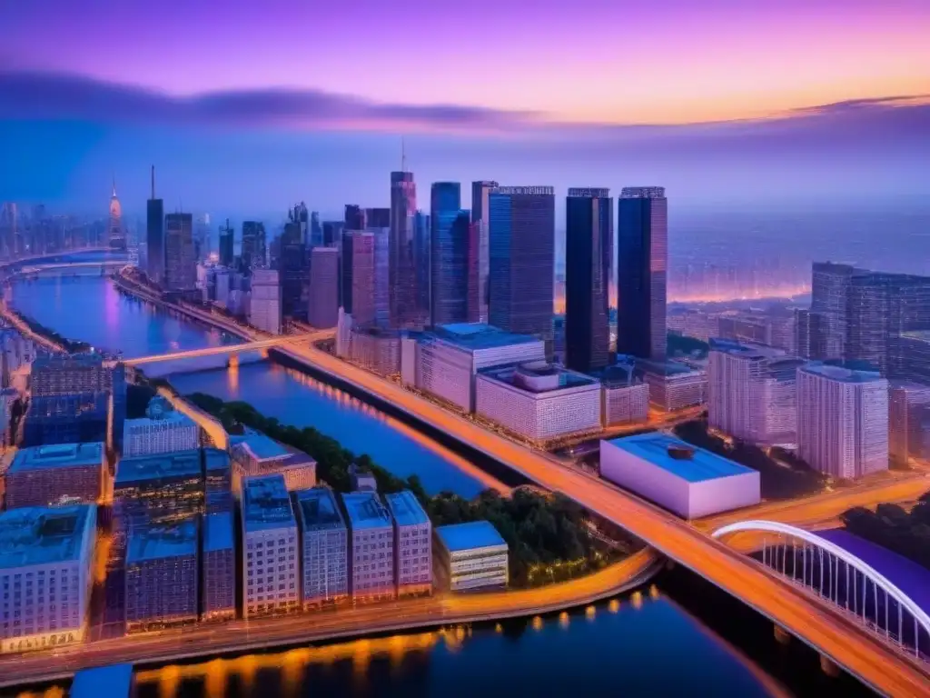 Horizonte urbano iluminado al atardecer Vibrante ciudad al anochecer con rascacielos iluminados y luces brillantes, ideal para Due Diligence en mercado internacional
