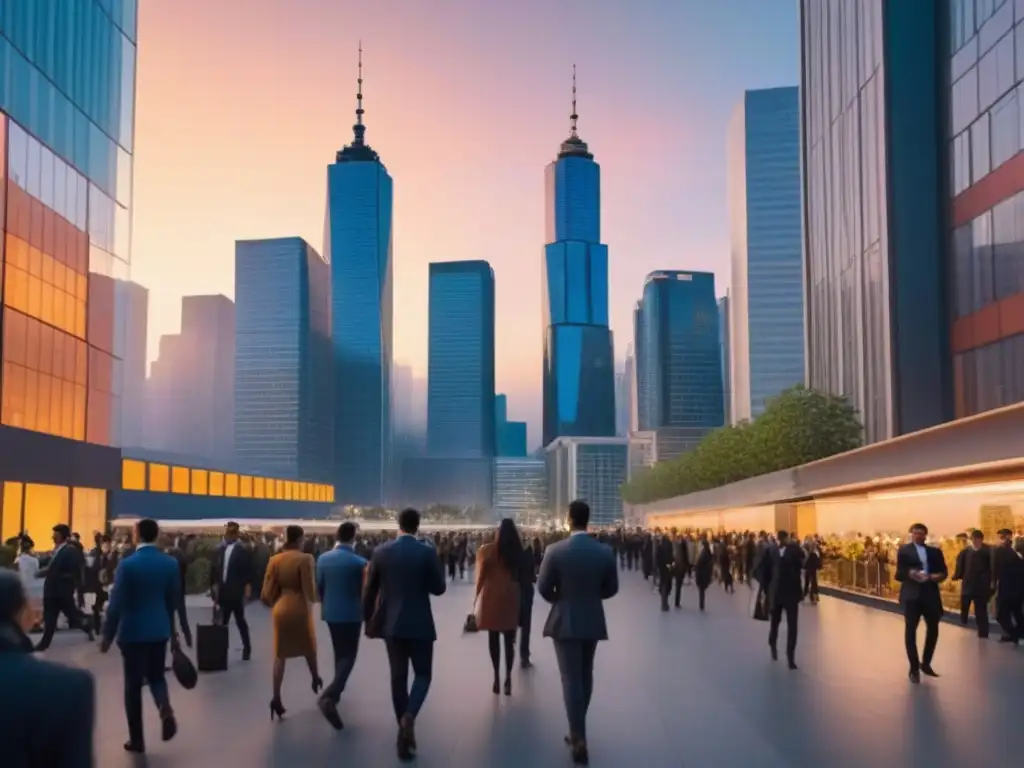 Skyline urbano al atardecer: oport Vibrante ciudad al anochecer, con rascacielos iluminados y gente en la calle
