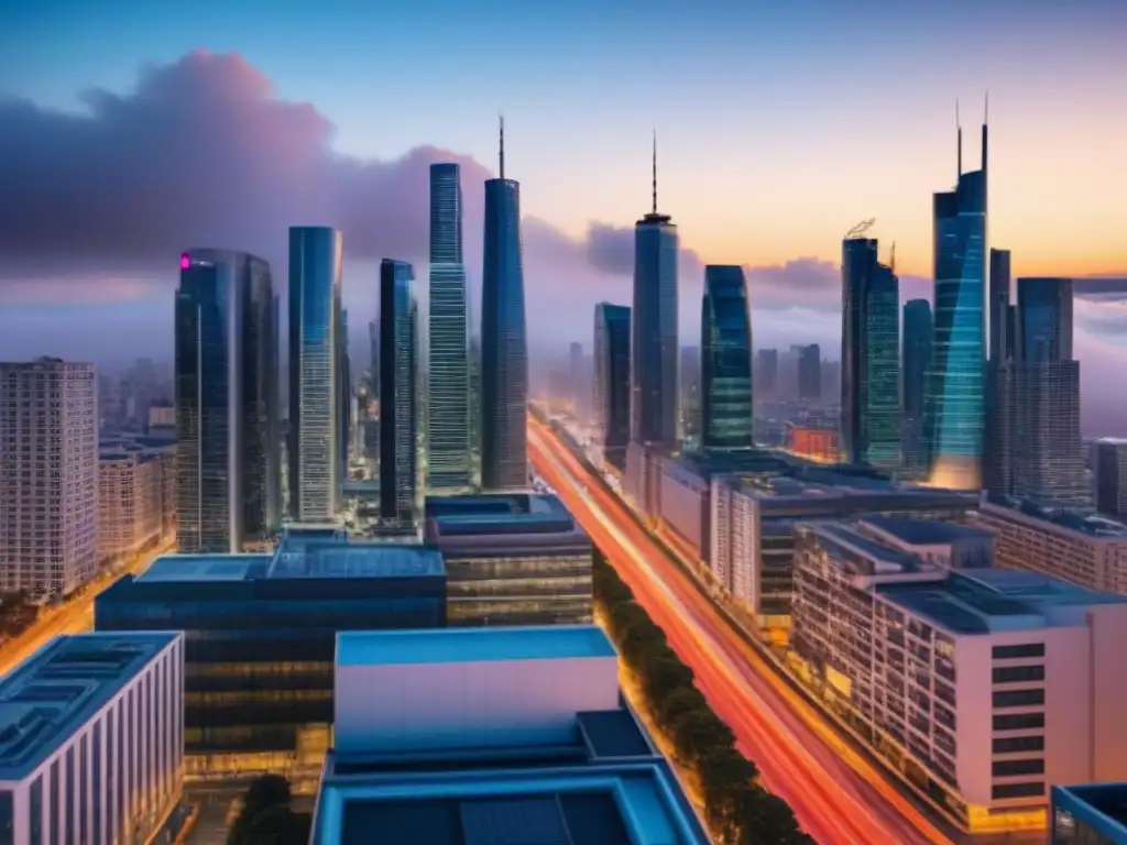 Metrópolis futurista: skyline vibrante de rascacielos modernos en 8k Vibrante ciudad al anochecer con rascacielos iluminados