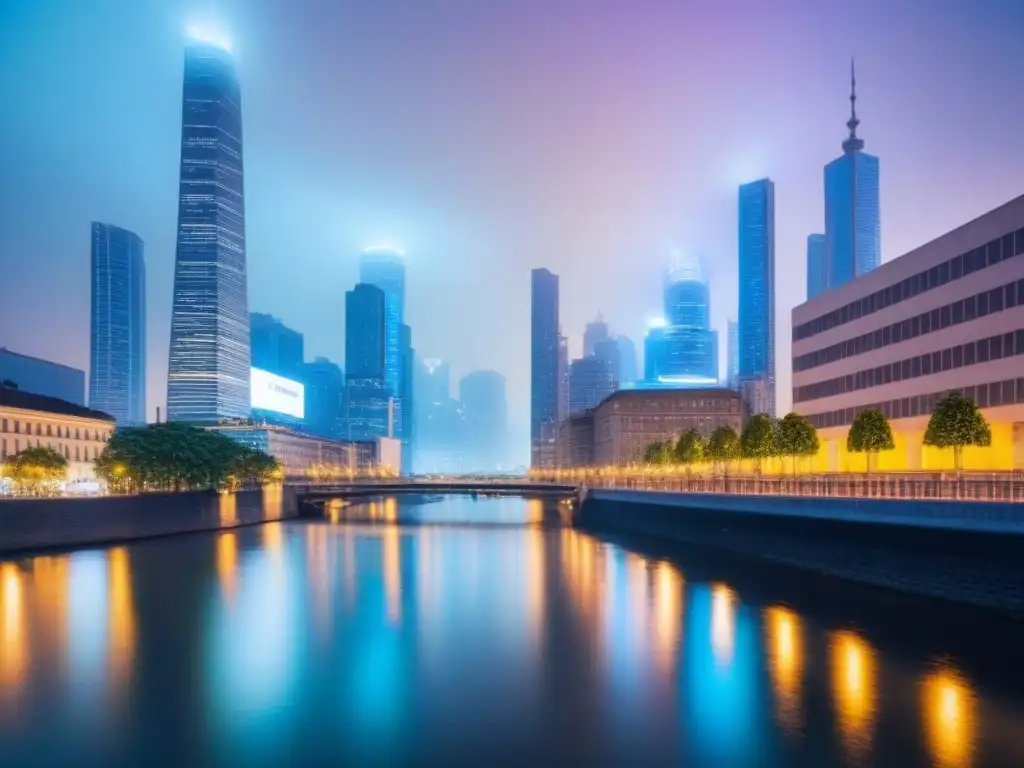 Horizonte urbano vibrante: luces, río y arquitectura moderna Vibrante ciudad al anochecer con rascacielos iluminados y un río sereno, reflejando innovación en plataformas crowdfunding inmobiliario internacional