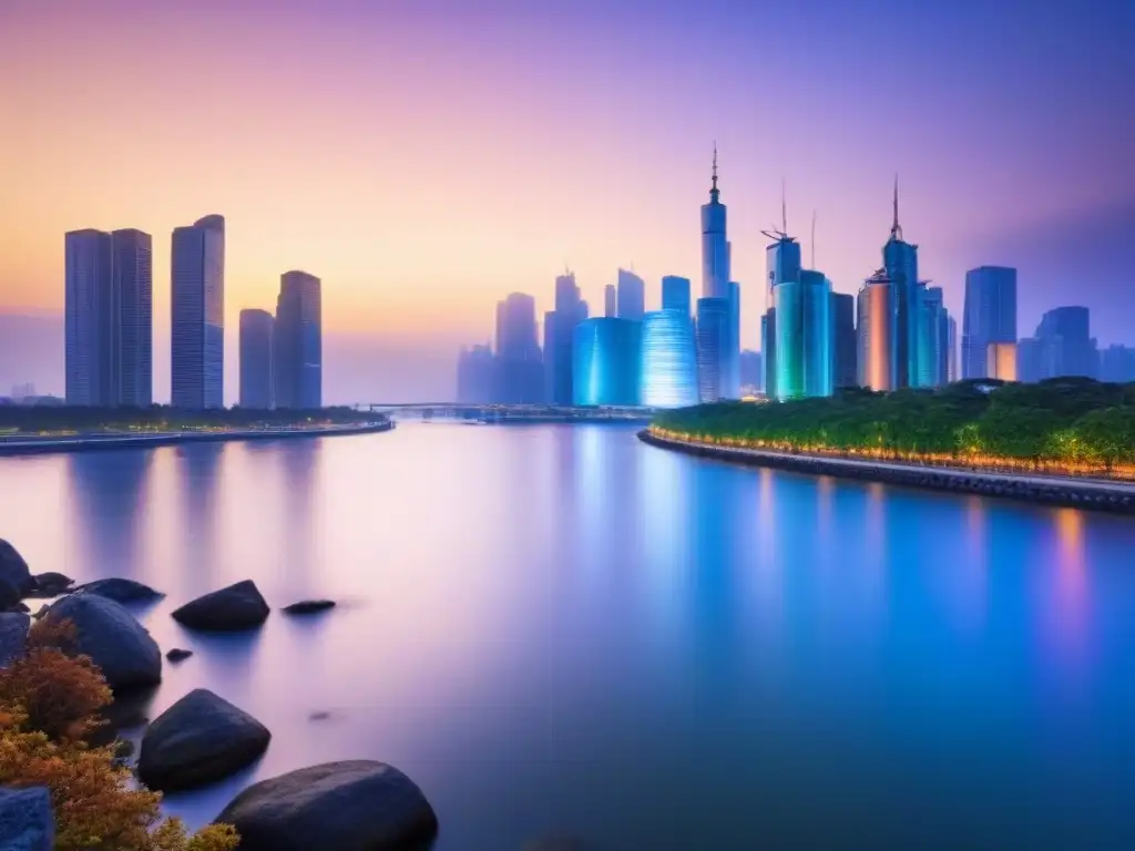 Centro urbano vibrante: luces y rascacielos al atardecer Vibrante ciudad al anochecer con rascacielos iluminados y río sereno