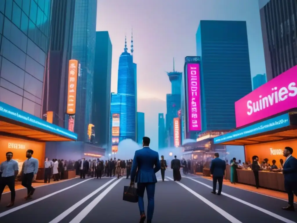 Skyline moderno y negocios globales: real estate en la ciudad cosmopolita Vibrante ciudad al anochecer, con rascacielos iluminados y profesionales de diferentes culturas debatiendo